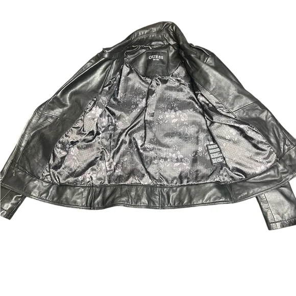 Guess Moto Black Leather Jacket with Asymmetrical Zipper Gold Ascents Size S/M - Picture 8 of 13